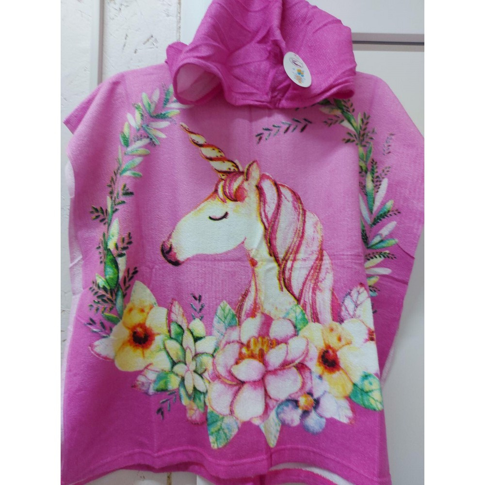 Дитячий пляжний рушник пончо мікрофібра Рожевий Єдиноріг, фото 1