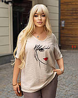 Женская летняя блуза футболка с накатом Ткань лён жатка Размер 46-48,50-52,54-56,58-60