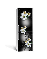 Виниловая 3Д наклейка на холодильник Необычные цветы Вишни самоклеющаяся пленка ПВХ брызги на черном фоне