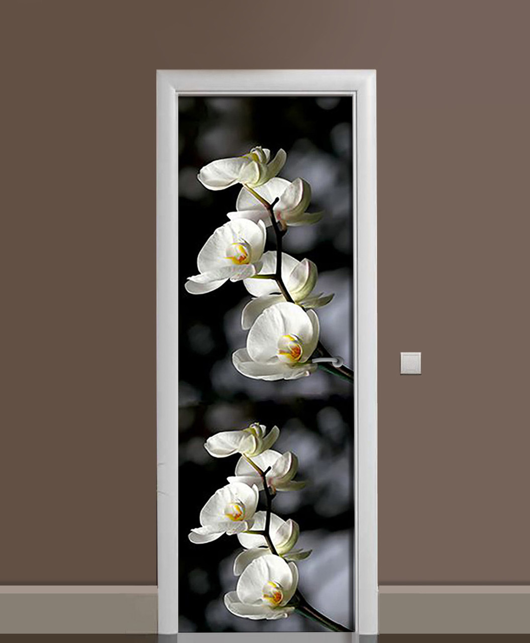 Наклейка на двері Гілки Орхидей вінілова плівка ламінована ПВХ білі квіти на Чорному тлі 600*1800 мм