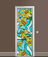Виниловая 3Д наклейка на дверь Нарциссы Витраж самоклеющаяся пленка ПВХ рисунок Цветы Желтый 600*1800 мм