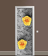 Виниловая 3Д наклейка на дверь Бутоны Желтые Розы самоклеющаяся пленка ПВХ Цветы Серый 600*1800 мм