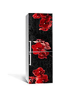 Виниловая наклейка на холодильник 3Д Красная орхидея под кирпич (пленка ПВХ) 60*180см Цветы Черный