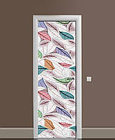 Вінілова наклейка на двері Листя Пір'я малюнок ПВХ плівка з ламінуванням 60*180см Текстура Зелений