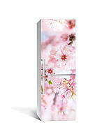 Вінілова 3Д наклейка на холодильник Квітуча Сакура (плівка ПВХ фотодрук) 60*180см Квіти вишні Рожевий