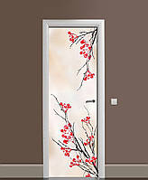 Декоративная наклейка на двери Калина в инее Красные ягоды ПВХ пленка с ламинацией 60*180см Растения Бежевый