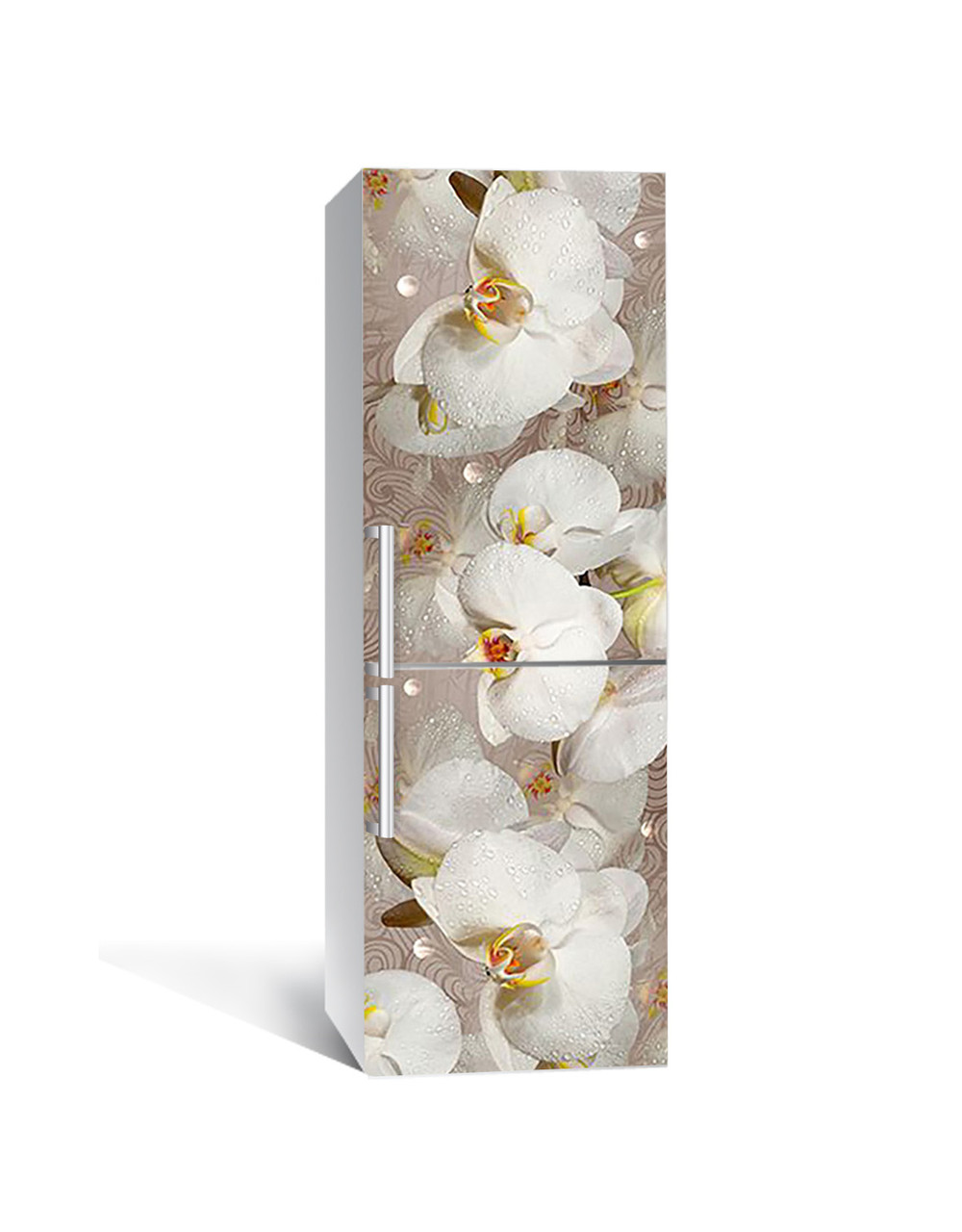 Вінілова наклейка на холодильник Орхідеї і краплі роси 02 (самоклеюча плівка ПВХ) бежевий 600*1800 мм