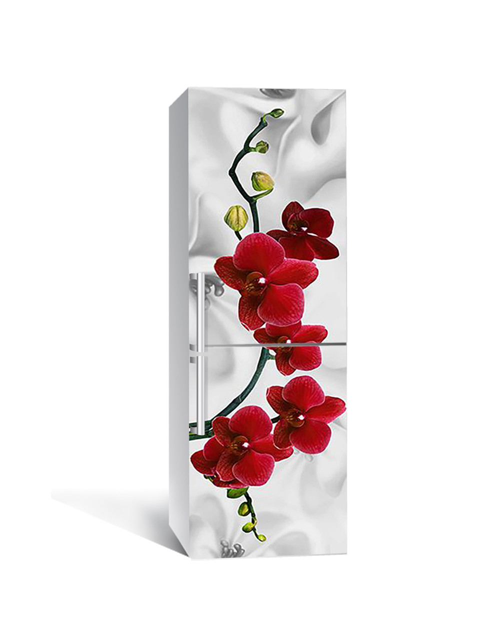 Вінілова наклейка на холодильник Червона орхідея шовк (самоклеюча плівка ПВХ) квіти сірий 600*1800 мм