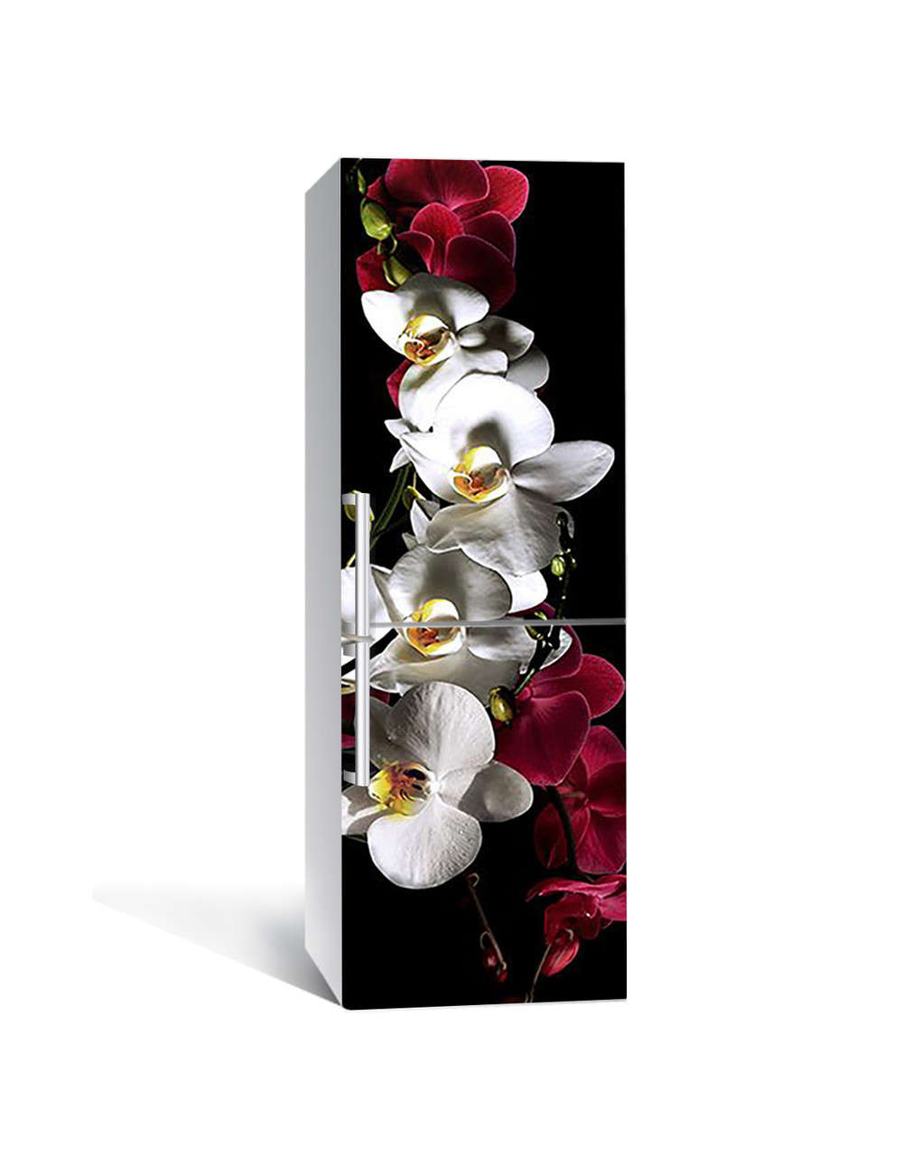 Вінілова наклейка на холодильник Соковиті Орхідеї (самоклеюча плівка ПВХ) квіти на Чорному тлі 600*1800 мм