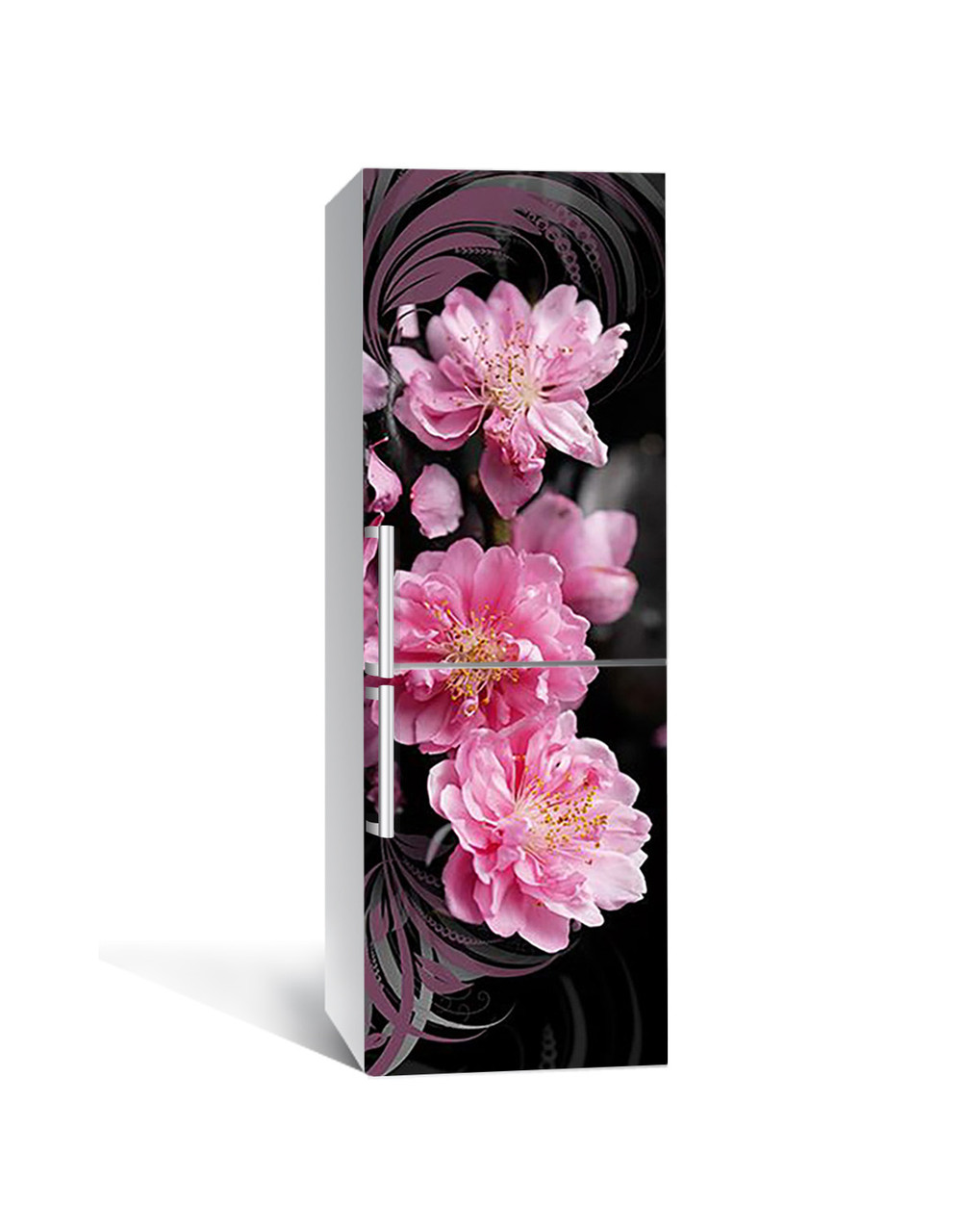 Вінілова наклейка на холодильник Китайська Роза (плівка ламінована ПВХ) рожеві квіти 600*1800 мм