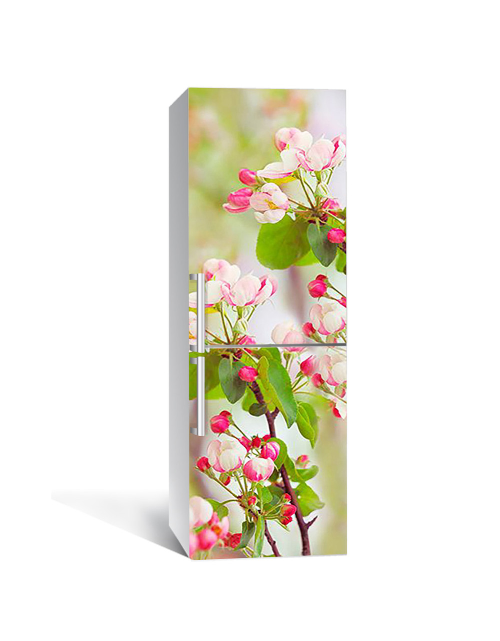 Вінілова наклейка на холодильник Рожеві Квіти вишні (плівка ламінована ПВХ) вишневі Зелений 600*1800 мм