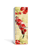 Вінілова наклейка на холодильник Гілки Червоних Орхидей (плівка ламінована ПВХ) квіти Бежевий 600*1800 мм