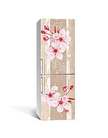 Вінілова наклейка на холодильник Рожеві Квіти Вишні (плівка ламінована ПВХ) сакура Бежевий 600*1800 мм
