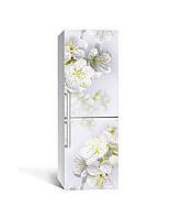 Вінілова 3Д наклейка на холодильник Білі Квіти Вишні (ПВХ плівка самоклеюча) роса краплі 600*1800 мм