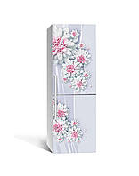 Вінілова 3Д наклейка на холодильник Рожеві Жоржини (ПВХ плівка самоклеюча) Квіти Сірий 600*1800 мм