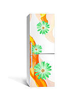 Вінілова 3Д наклейка на холодильник Зелені Квіти (ПВХ плівка самоклеюча) Шовк Помаранчевий 600*1800 мм