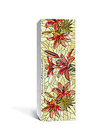 Вінілова 3Д наклейка на холодильник Вітраж Лілії (ПВХ плівка самоклеюча) текстура Квіти Червоний 600*1800 мм