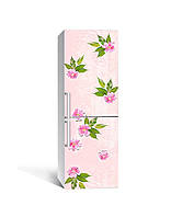 Декоративная 3Д наклейка на холодильник Розовые Цветы и листья (виниловая пленка ПВХ) цветочный фон 600*1800