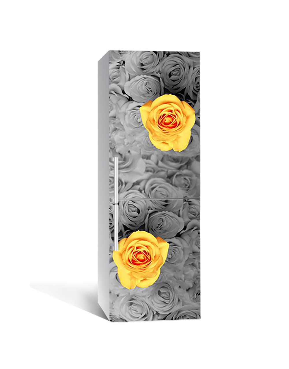 Декоративна 3Д наклейка на холодильник Бутони Жовті Троянди (вінілова плівка ПВХ) Квіти Сірий 600*1800 мм