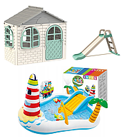НАБІР Дитячий будиночок зі шторками, дитяча гірка ТМ Doloni і надувний комплекс INTEX