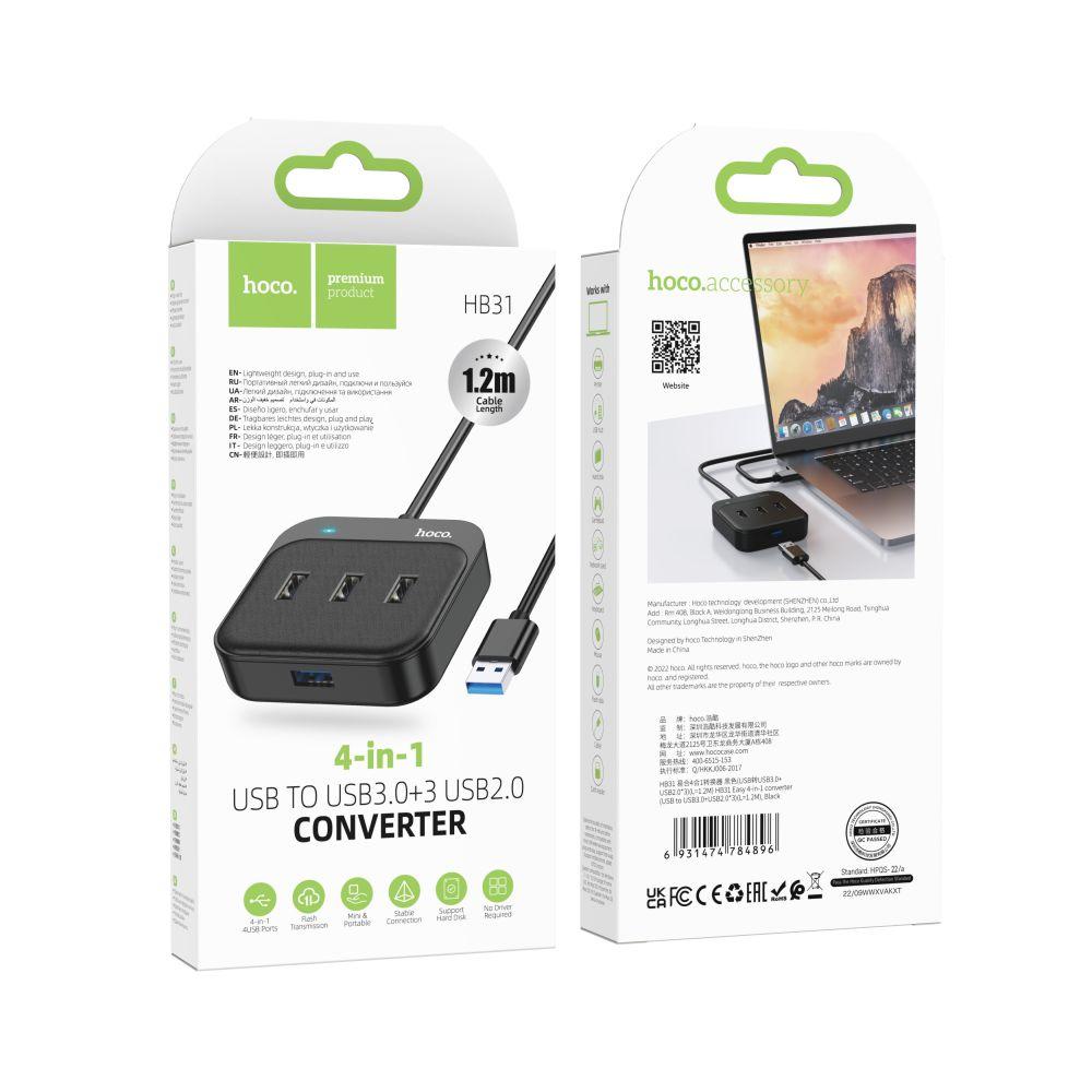 Хаб USB Hub Hoco HB31 Easy 4-in-1 converter(USB to USB3.0+USB2.0*3)(L=1.2M) Цвет Черный - фото 1 - id-p1860221583