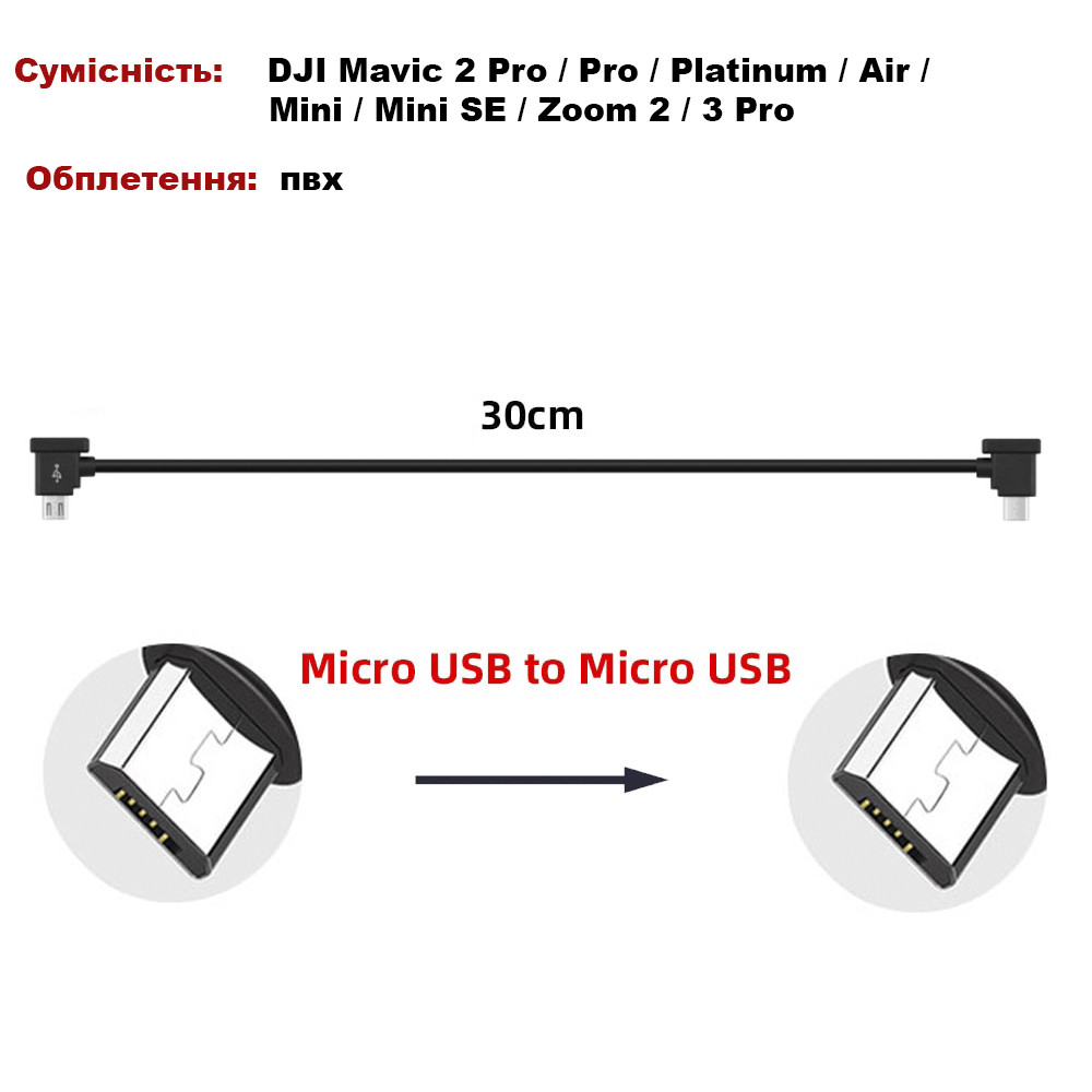 Кабель Goojodoq MicroUSB-MicroUSB PVC для пульта DJI Mavic 2 Pro/Pro/Pro/Platinum/Air/Mini/Mini SE/Zoom