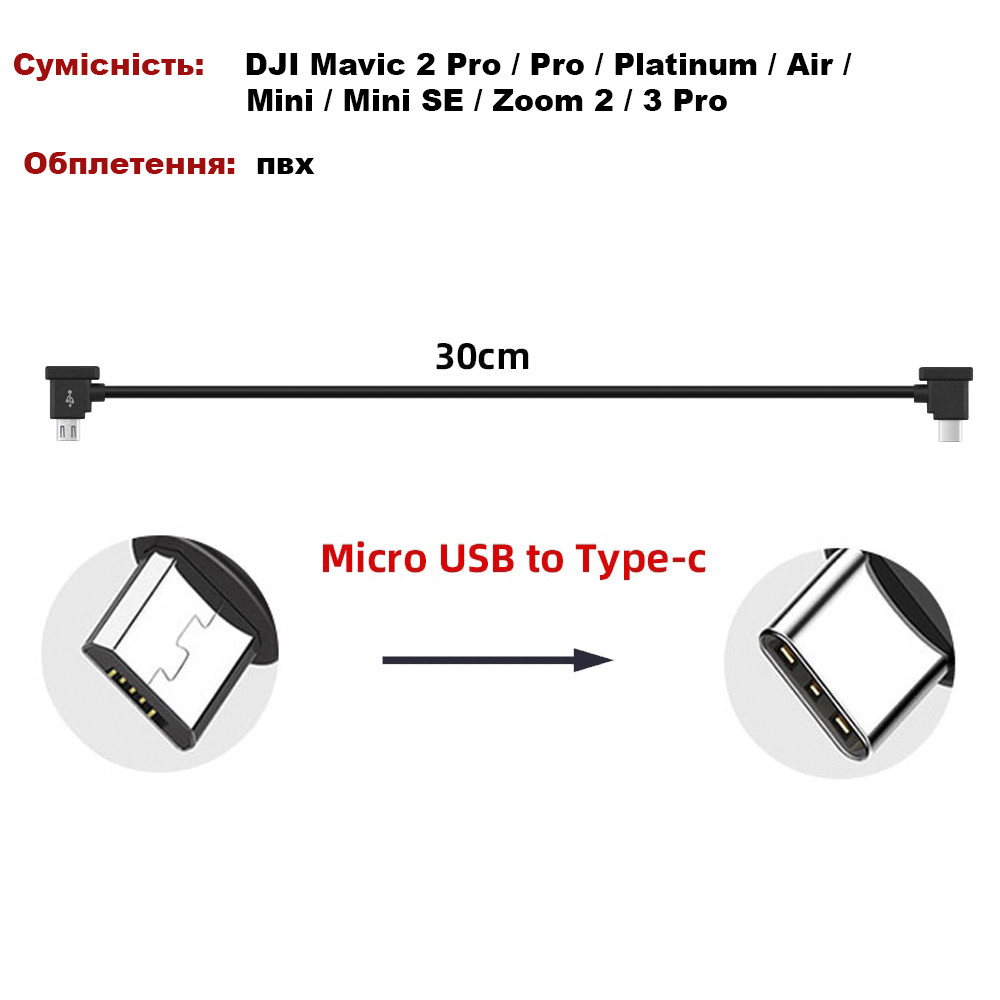 Кабель Goojodoq MicroUSB-Type-C PVC для пульта DJI Mavic 2 Pro/Pro / Platinum / Air / Mini/Mini SE / Zoom 0.3m