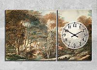 Картина с Годинником Сільський краєвид Осінній ліс Великі дерева Природа Панорама Село Вечірній вигляд Затишок Вітальня