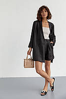 Костюм женский с удлиненным пиджаком и шортами черного цвета S, деловой/офисный
