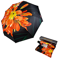 Жіноча парасолька-автомат у подарунковій упаковці з хустинкою від Rain Flower, чорний з помаранчевою квіткою 01020-1