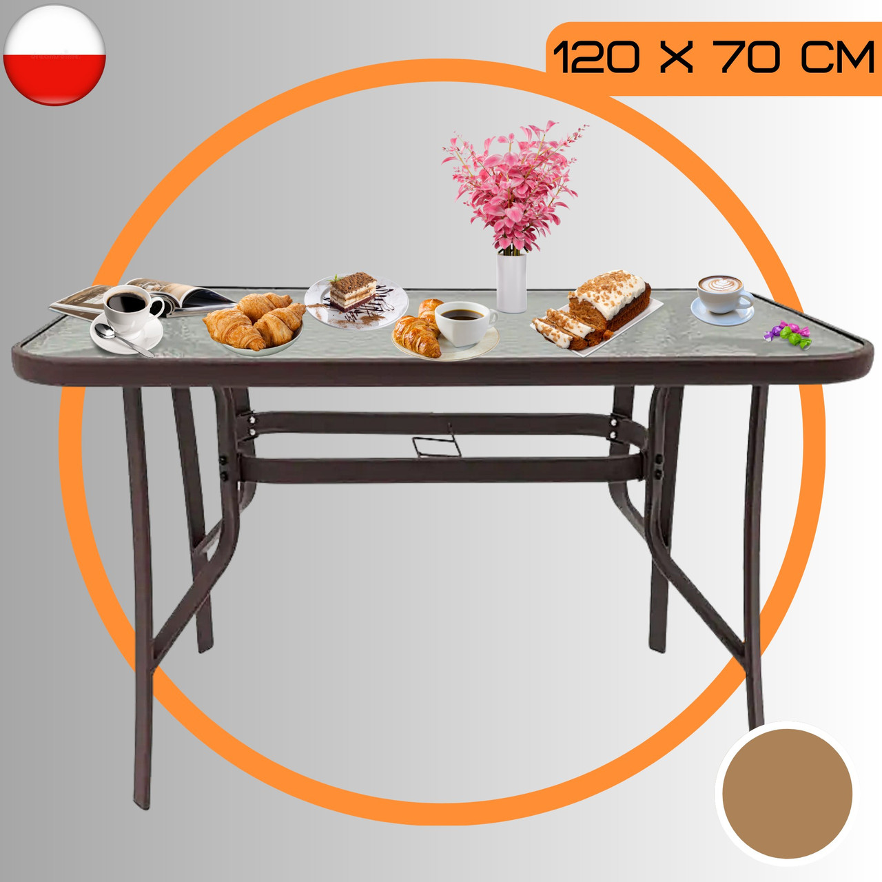 Садовий Стіл Прямокутний 120 х 70 см Скляний Столик для Дачі, Тераси, Лоджії, KONTRAST MAJORKA Brown Коричневий Польща, фото 1