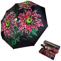 Женский зонт-автомат в подарочной упаковке с платком от Rain Flower, черный с розовыми цветами 01020-5