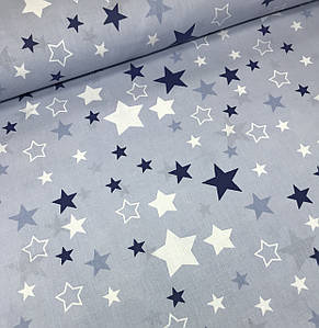 Бавовняна тканина ЛЮКС зірки сині, білі, сірі різних розмірів на блакитному (КОРІЯ) No221