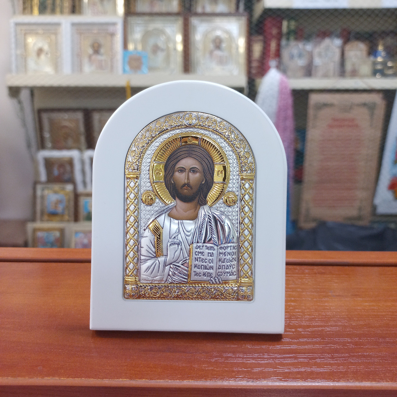 Ікона срібна 8,6х11,2 см. Лік прописаний. Біла рама. Срібло 925°, позолота. Спасите., фото 1