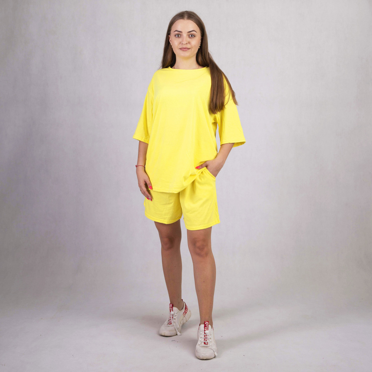 Літній однотонний костюм футболка з шортами "Жовтий колір" Стиль OVERSIZE р.44-50