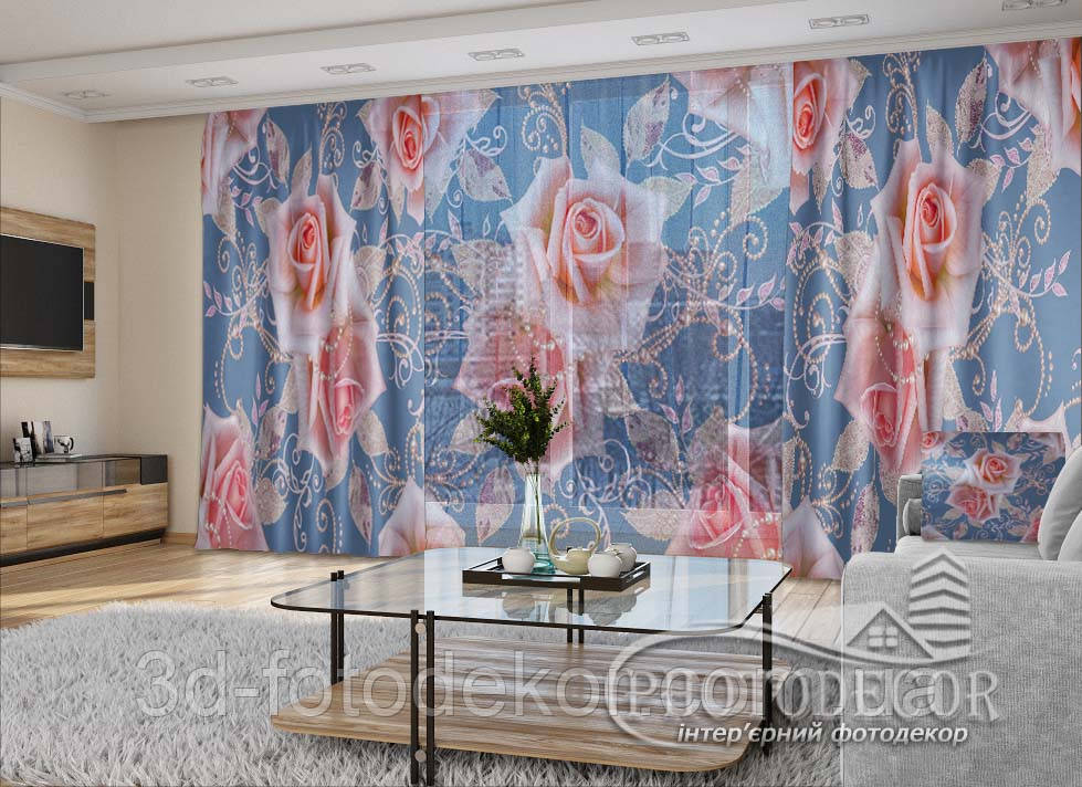 3D - Фото Штори і тюль "Троянди з перлами" - будь-який розмір. Читаемо опис!