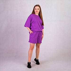 Літній однотонний костюм футболка з шортами "Фіолетовий колір" OVERSIZE р.44-50