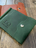 Кожаный зажим для купюр и карточек на кнопке зеленого цвета LQ Leather
