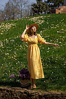 Женское летнее легкое желтое платье Sabrina в клетку с открытыми плечами из хлопка длина миди квадратный вырез