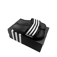Мужские тапочки Adidas Black White (Черные) Адидас сланцы летние шлепанцы пляжные кожа Вьетнам