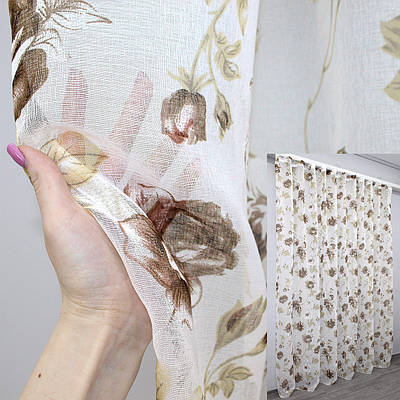 Готова тюль (2,5х2,3м.) батист, колекція "Flora". Колір білий з коричневим. Код 1267т 42-0678