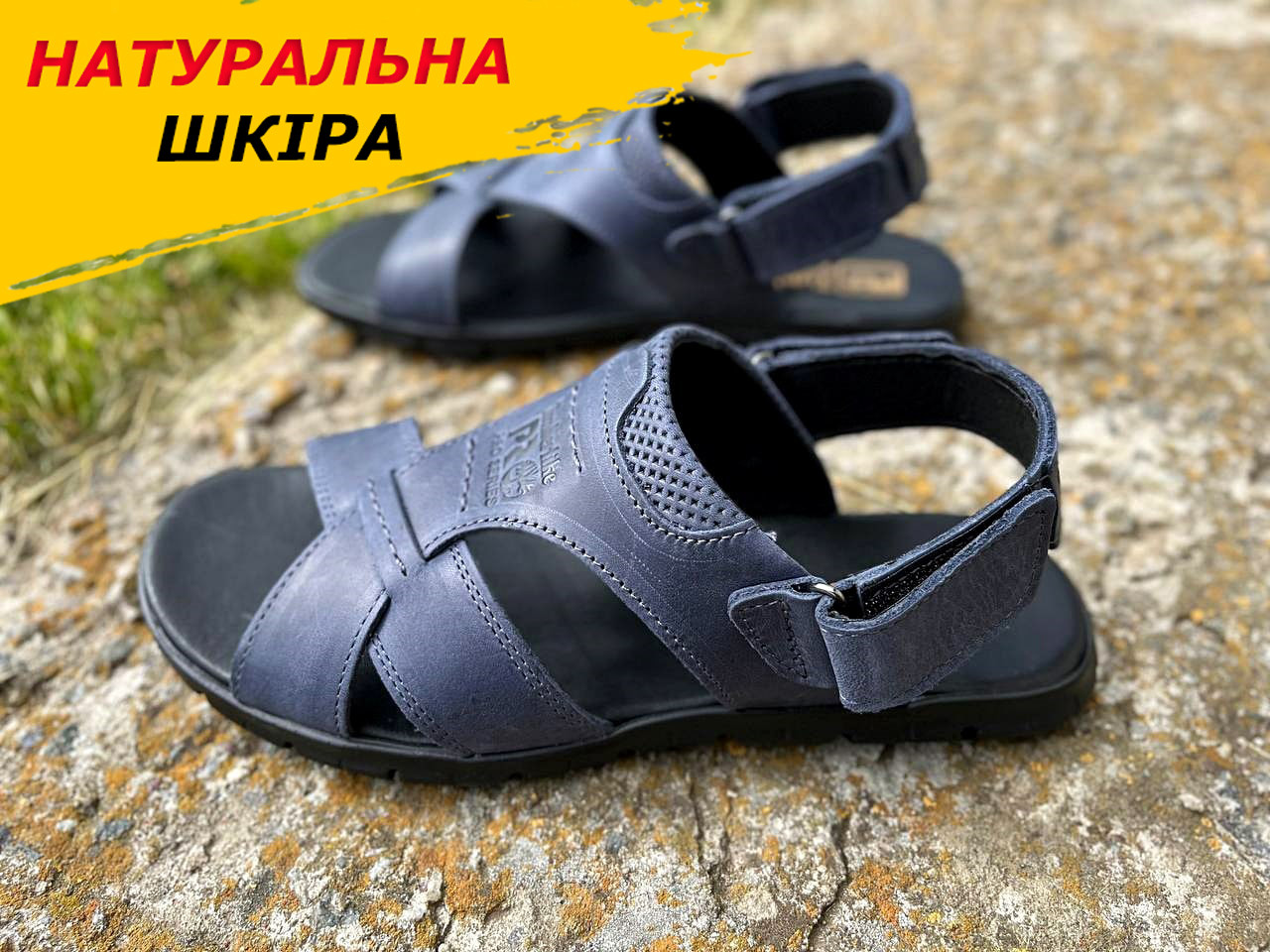 Сандалии мужские кожаные Timberli, летние босоножки-шлепки синие ...
