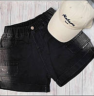 Стильные широкие джинсовые шорты для девочки на резинке в черном цвете.
