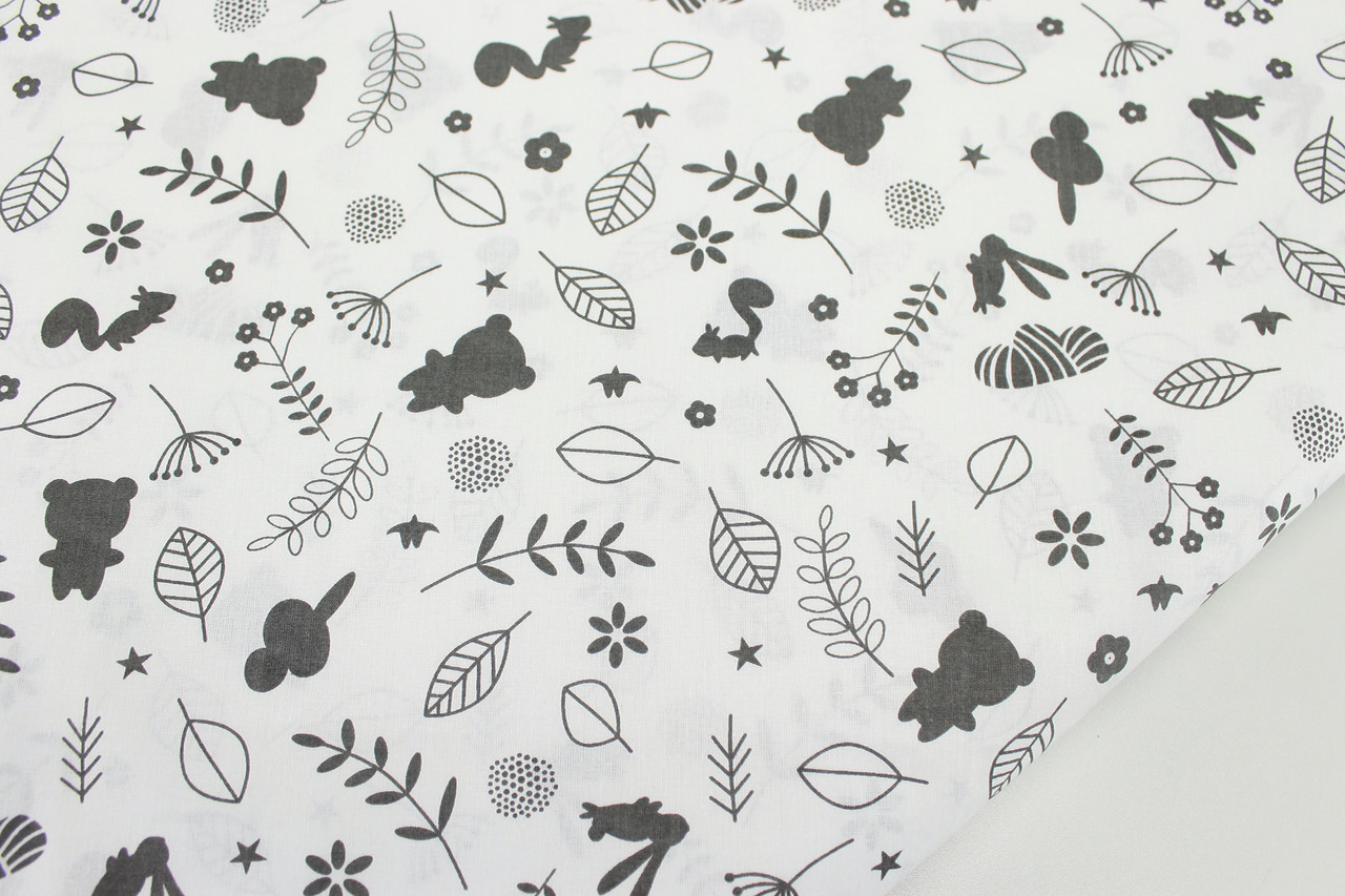 Тканина бавовняна "Польові звірята" графітового кольору на білому № 2107, фото 1