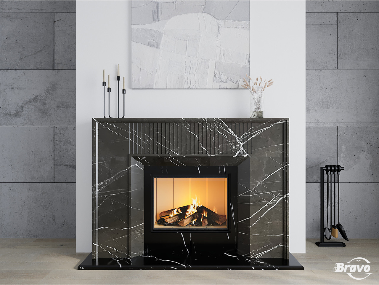 Портал для каміна (облицьовування) Денвер з натурального мармуру Pietra Grey + Nero Marquina