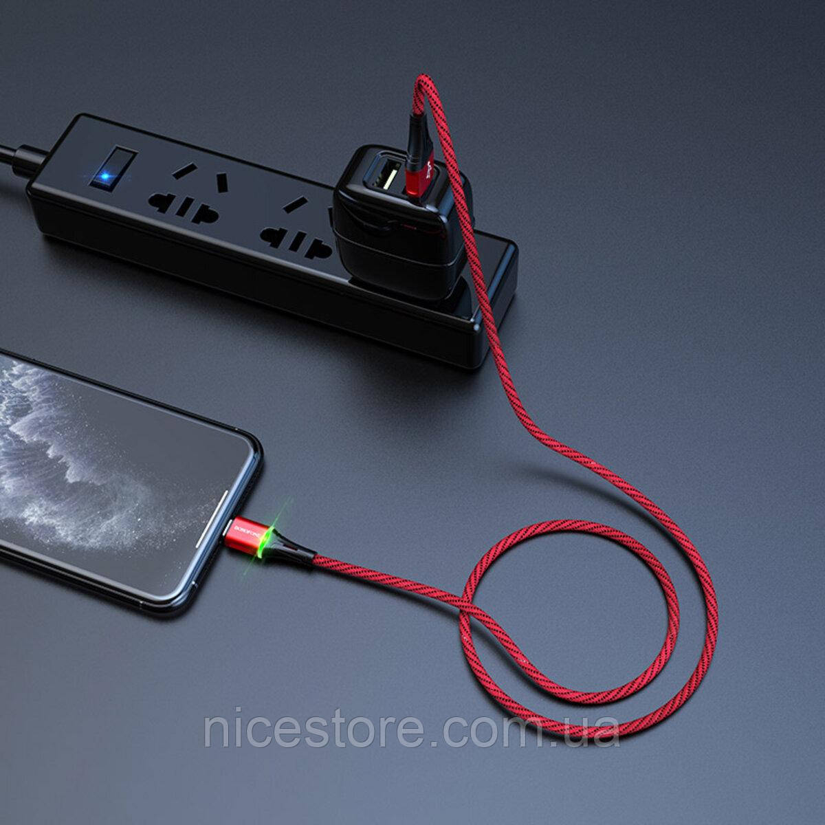 Кабель BOROFONE BU25 USB to iP, 2.4A, 1.2m, nylon, aluminum connectors, light indicator, Red - фото 1 - id-p1860692269