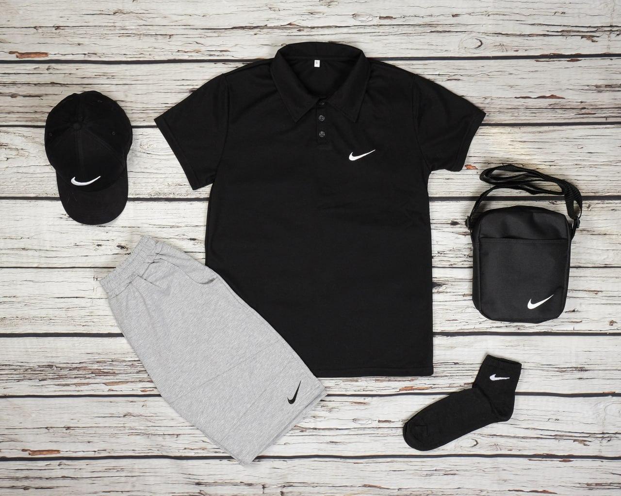 Чоловічий літній костюм Nike 5в1 Футболка Поло + Шорти + Кепка + Барсетка + Шкарпетки чорний із сірим Найк