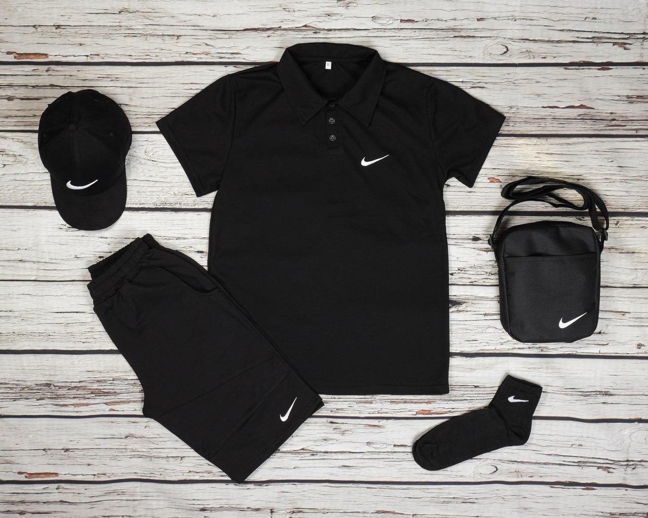Чоловічий літній костюм Nike 5в1 Футболка Поло + Шорти + Кепка + Барсетка + Шкарпетки чорний Найк
