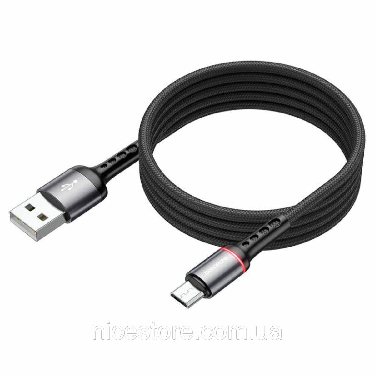 Кабель BOROFONE BU33 USB to Micro 2.4A, 1.2m, nylon, aluminum connectors, light indicator, Black - фото 2 - id-p1860692751