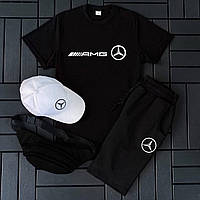 Летний костюм Mercedes AMG черный мужской 4в1 , Черный комплект Мерседес на лето Костюм + Кепка + Сумка